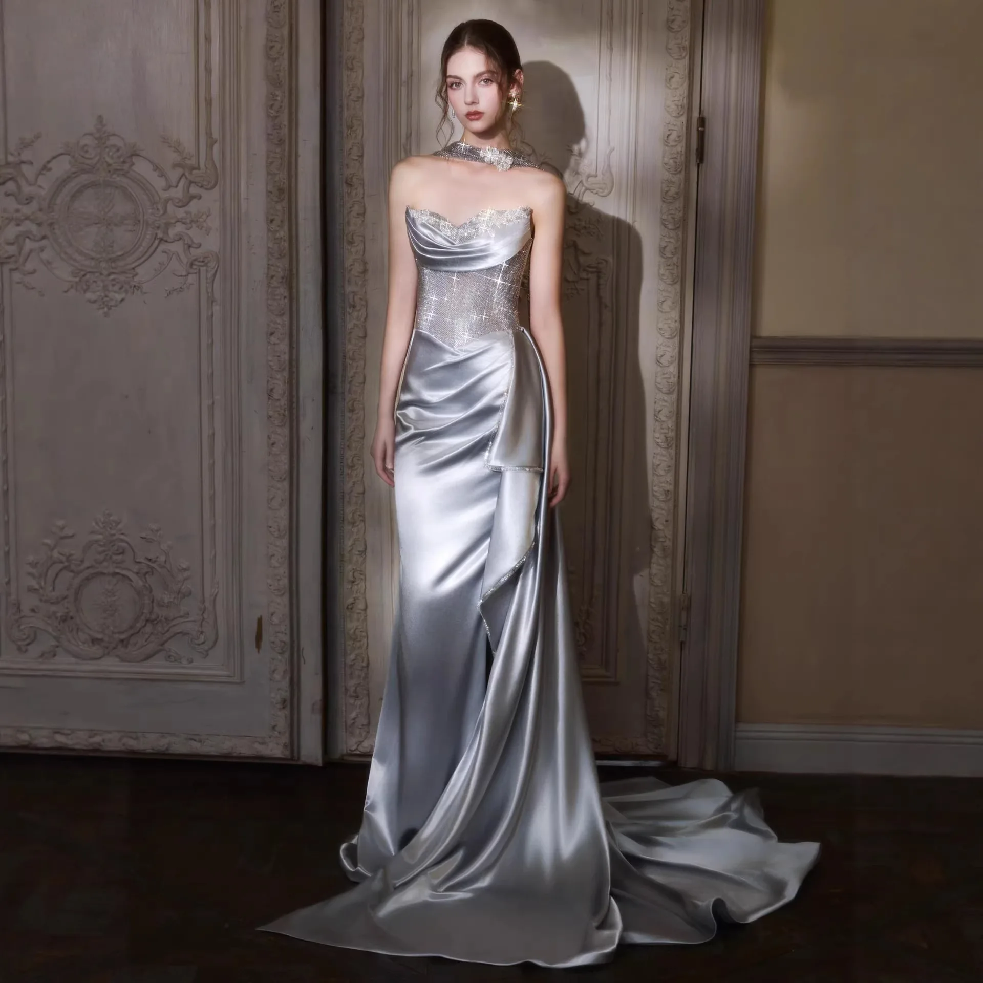 

Изысканное вечернее платье для торжественных мероприятий, серебристое, для свадебной церемонии, для жениха, новая коллекция, костюм для тостов, китайское производство...