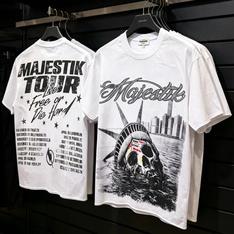 Vintage MAJESTIK Tshirts Skeleton Statue Graffiti Print Fading Letter Logo Round Neck Short Sleeve Tops Men Women Street Outfit