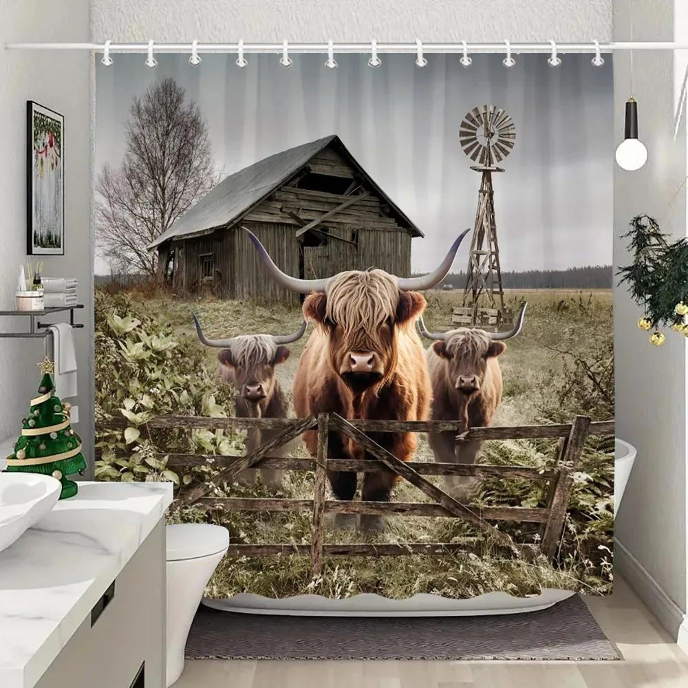 Farm Animals Highland Cattle Shower Curtain Rustic Rustic Farmhouse Plank Vintage Style Washable Shower Curtains Bathroom Decor