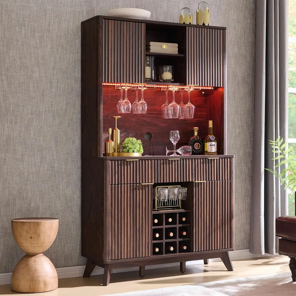 

72 Walnut Wine Bar Cabinet with LED Lights, 10-Tier Storage and 9-Grid Glass Rack