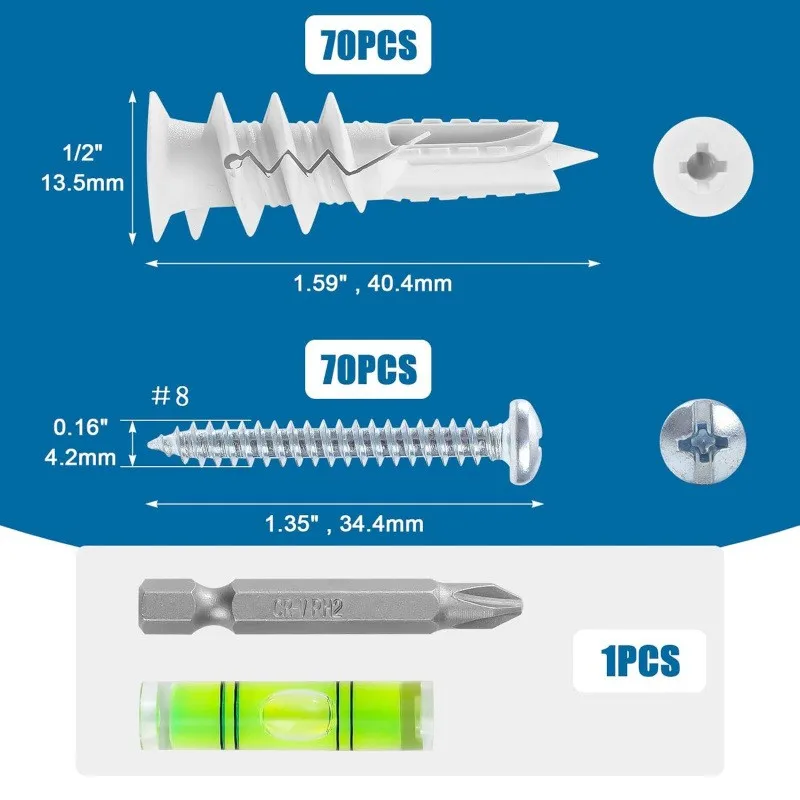 140 PCS of self-drilling dry wall anchors and screw kits – no drilling required. High-strength, durable plastic dry wall anchors