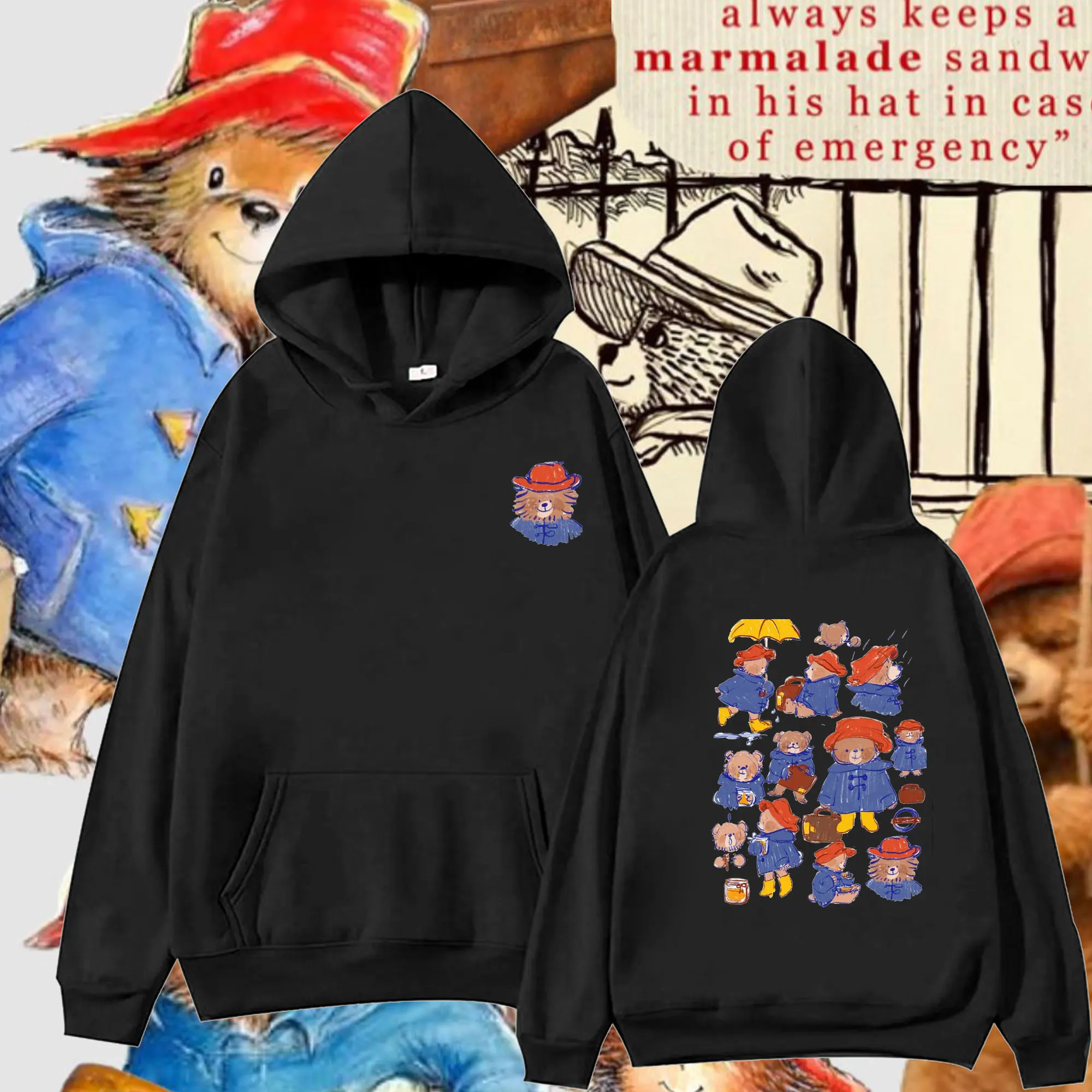Paddington Bear in London Graphic Hoodied Printed Unisex Hoodie Double-sided Printing Loose Pullover Hoodies Spring and Autumn