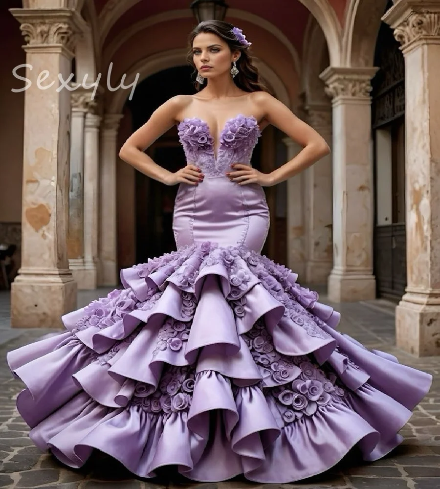Glamoroso vestido de fiesta de sirena lila Flamenco vestido de noche superpuesto español con gradas florales 3D duquesa vestidos formales 2025 personalizado