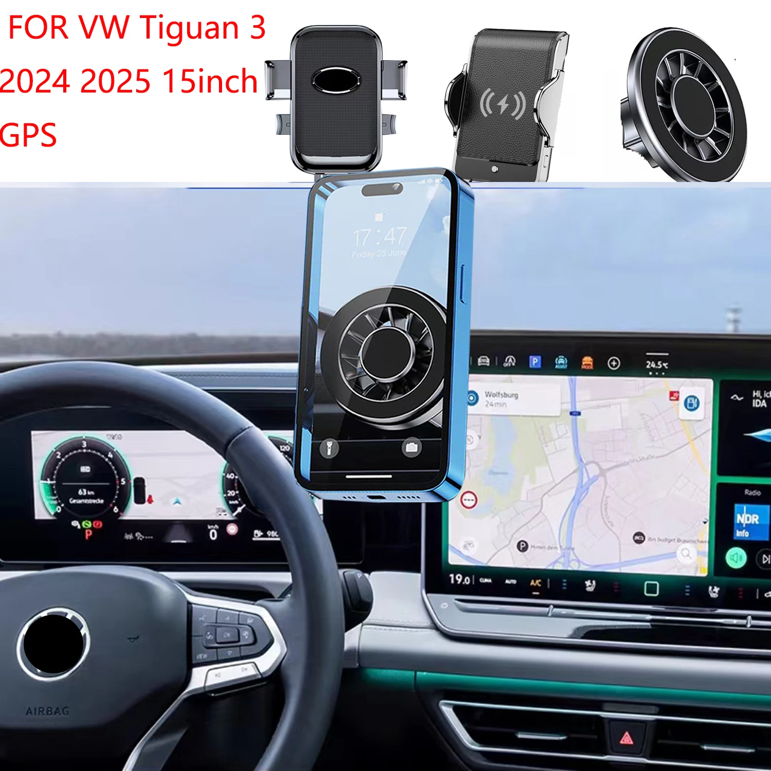 

For VW Tiguan 3 2024 2025 Magnetic Car Phone Holder 15INCH GPS Screen Fixed Fast Wireless Charging Mobile Phone Mount