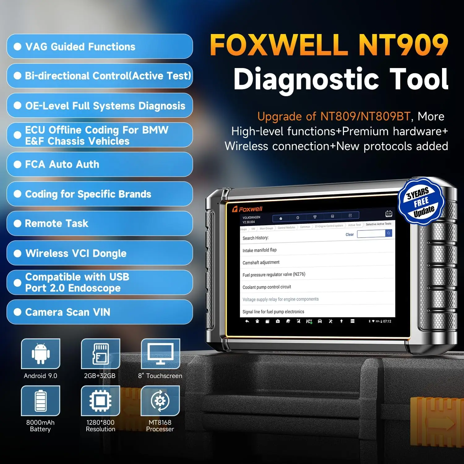 FOXWELL NT909 OBD2 Car Diagnostic Tool All System Code Reader 31+ Reset ECU Coding Bi-directional OBD2 Car Automotive Scanner