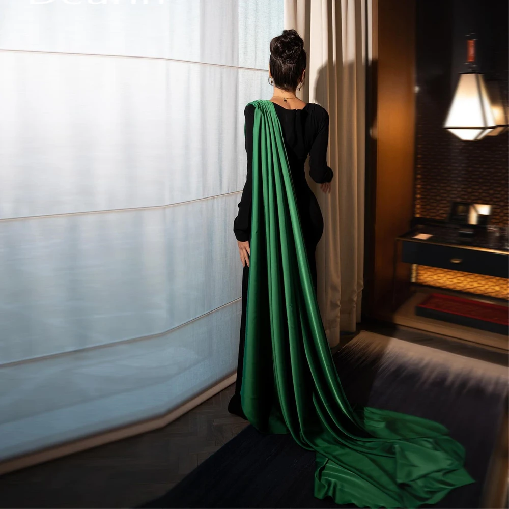 Contrast Color Mermaid Evening Dresses V Neck Long Sleeve Formal Gown Green Collar Train Arabic Dubai Celebrity Dress