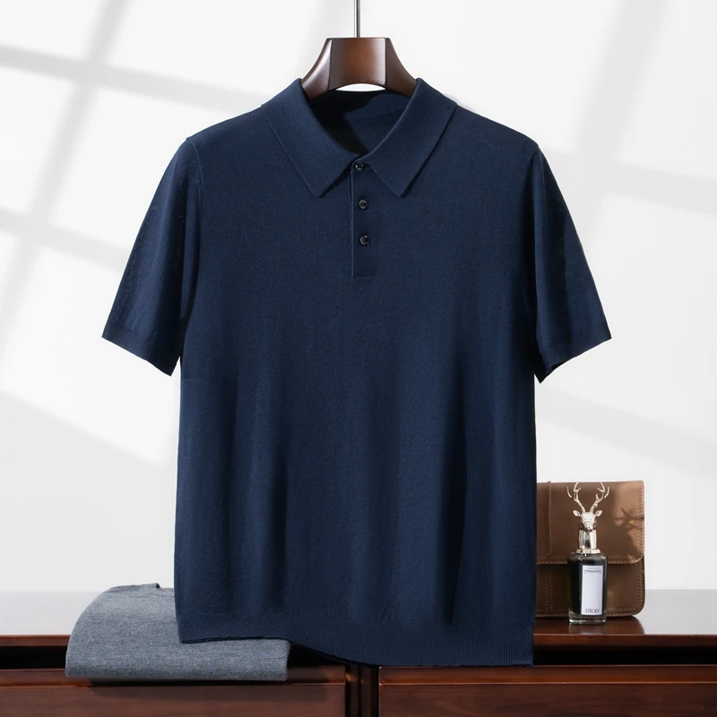 Men'S 100% Fine Wool POLO Collar Short Sleeve Summer New Business Casual Color Block Collar T-Shirt Pullover Men'S Clothing
