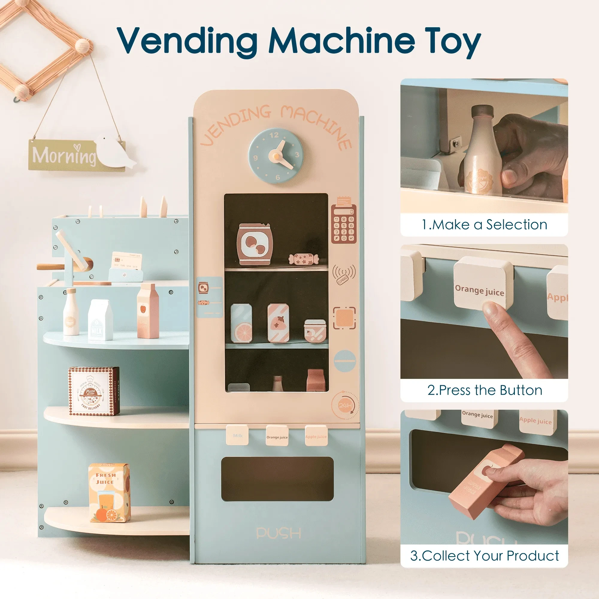 ROBUD Corner Coffee Shop Play Set Grocery Store Playset with Cash Register Chalkboard Play Food Accessories Gift for Kids 3+