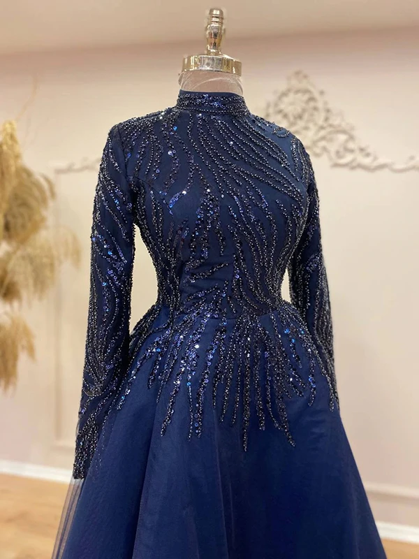 Vestidos De Noche musulmanes De manga larga con cuentas De color azul real, cuello alto, estilo árabe, para fiesta De graduación