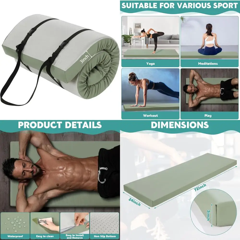 

Thick 3 Inch Gymnastics Mat with Carrying Handles - Anti-Tear PU Leather Fitness Foam for Men and Women