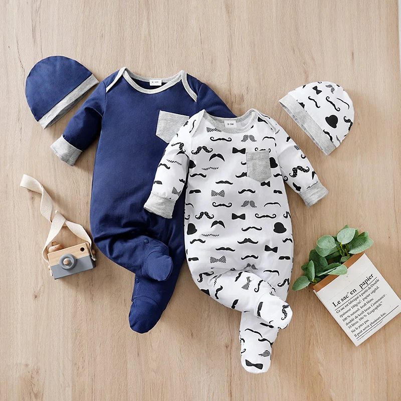 Newborn Clothes With Full Beard Printed Cotton Soft Boy And Girl Autumn Long Sleeved Baby Bag Foot Jumpsuit+Hat 4-Piece Set