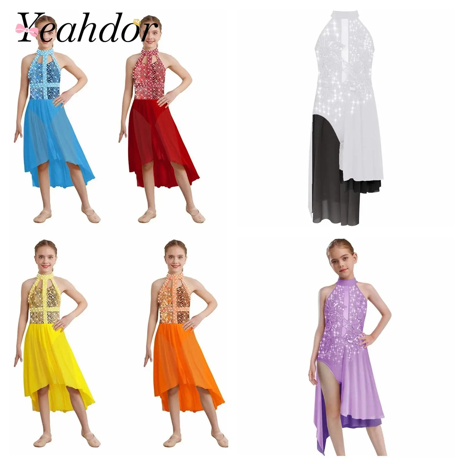 

Children Halter Lyrical Dance Dress for GirlsSleeveless Figure Skating Dress Modern Contemporary Costume Ballet Leotard Dress