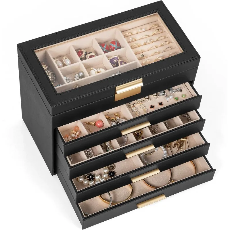 

5-Tier Jewelry Box with Clear Glass Lid Functional Leather Jewelry Storage Organizer Case 4 Drawers for Women Girls