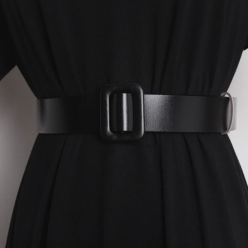 

Simple square buckle, two-layer cowhide wide belt, women's decorative dress, temperament, versatile, tunic cowhide belt