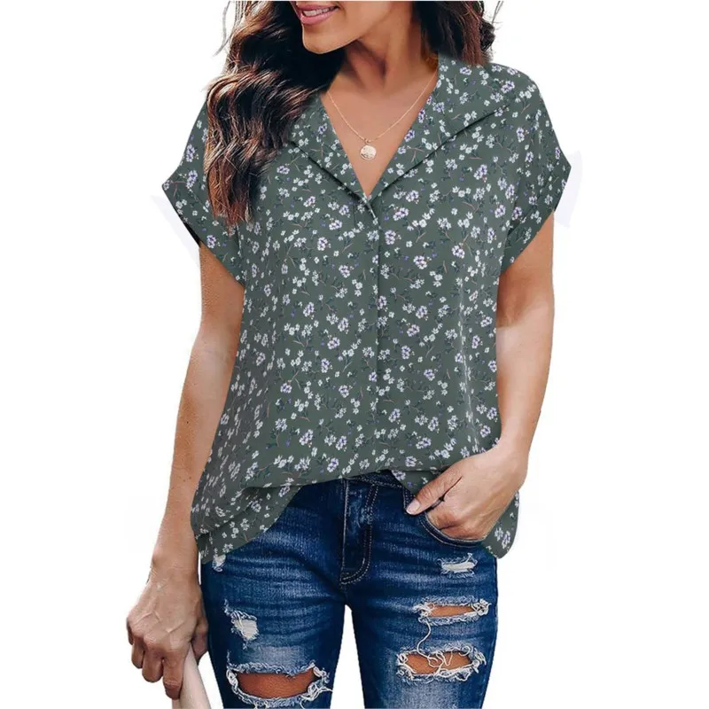 

2025 Summer New Women's Loose Shoulder Short Sleeved Casual Floral Pullover Shirt With Flip Collar And Floral Print Elegant Top