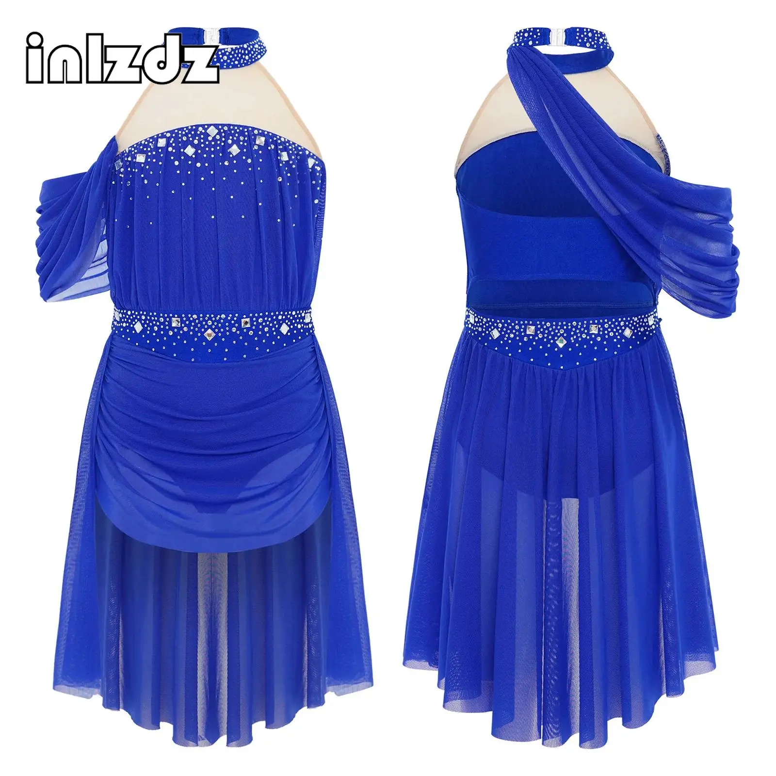 

Girls Ballet Dress Lyrical Modern Dance Figure Skating Performance Costume Halter Backless Rhinestones Ruched Mesh Drape Dress