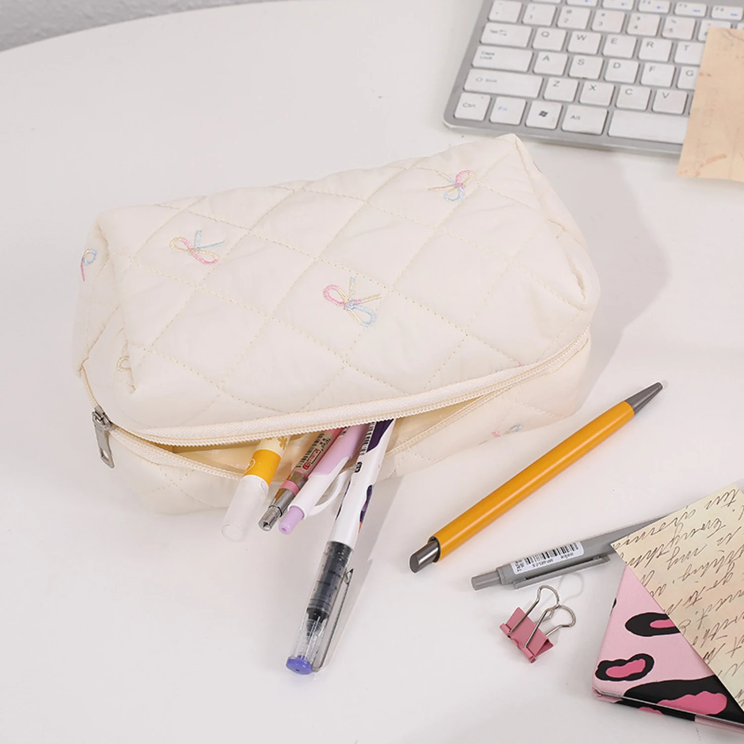 Student Pencil Case With Exquisite Bow Embroidery Ideal For Organizing Stationery Desktop Supplies Portable For Back-to-school view 5