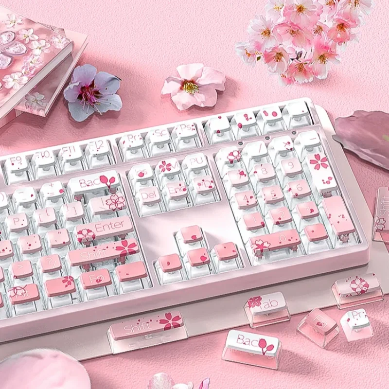 

Gradual change cherry blossom pink PBT hot sublimation side transparent light transmission personality cute mechanical keyboard