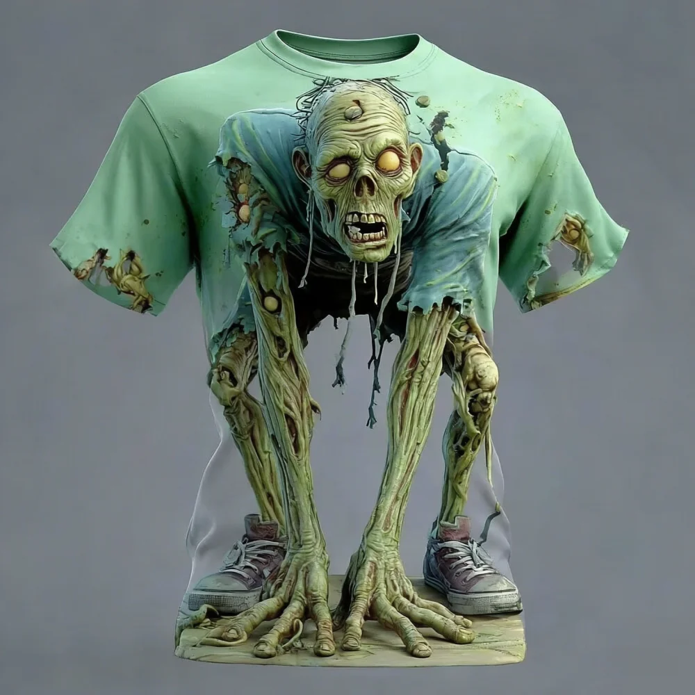 2026 Horror Zombie 3D Halloween Visual Illusion Men's T-Shirt Outdoor Street Role-Play Men Casual Short-Sleeved Shirt Moto