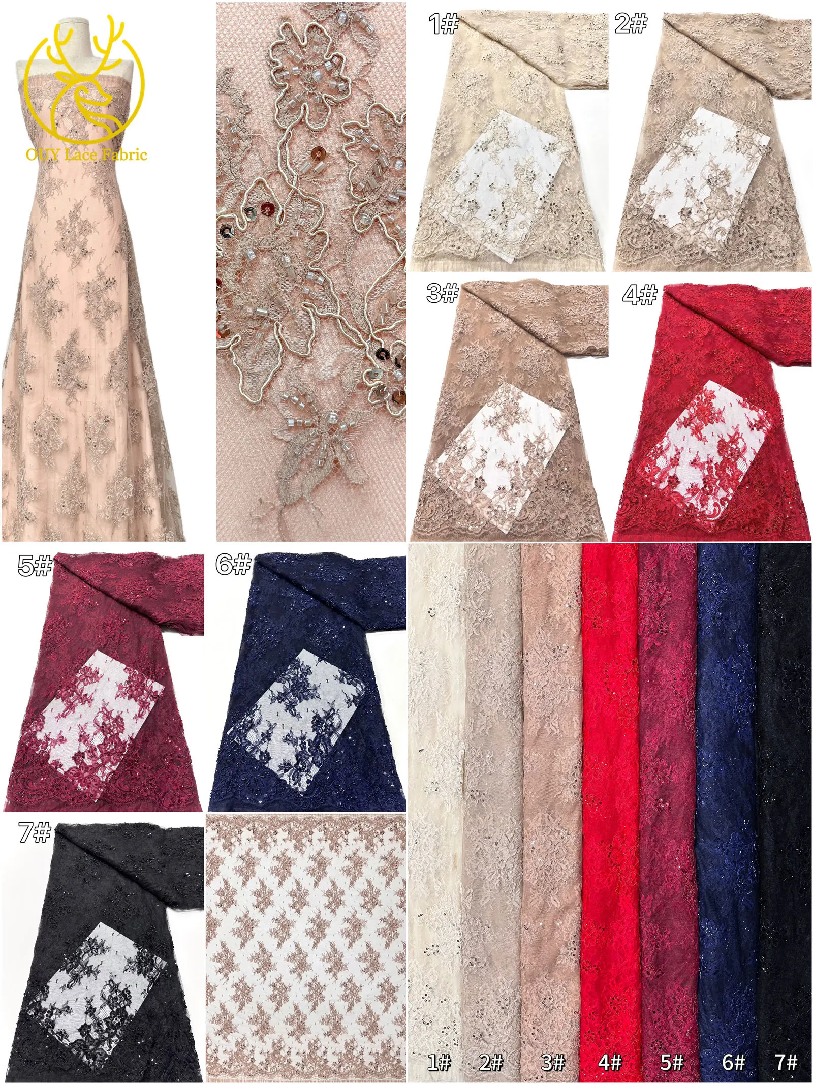 Elegante, exquisite, würdevolle, neue, modische, handgefertigte, perlenbesetzte, mit Pailletten bestickte Netzspitze, vollständig mit Perlen besetzt, für Damen-Hochzeitskleider – Detail 3