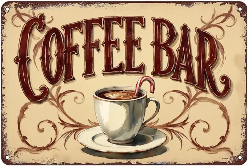 Coffee Bar Vintage Tin Sign - Metal   Retro Style Wall Art for Coffee Lovers, Kitchen, Café, Bar, Gift for Enthusiasts--Tin Sign