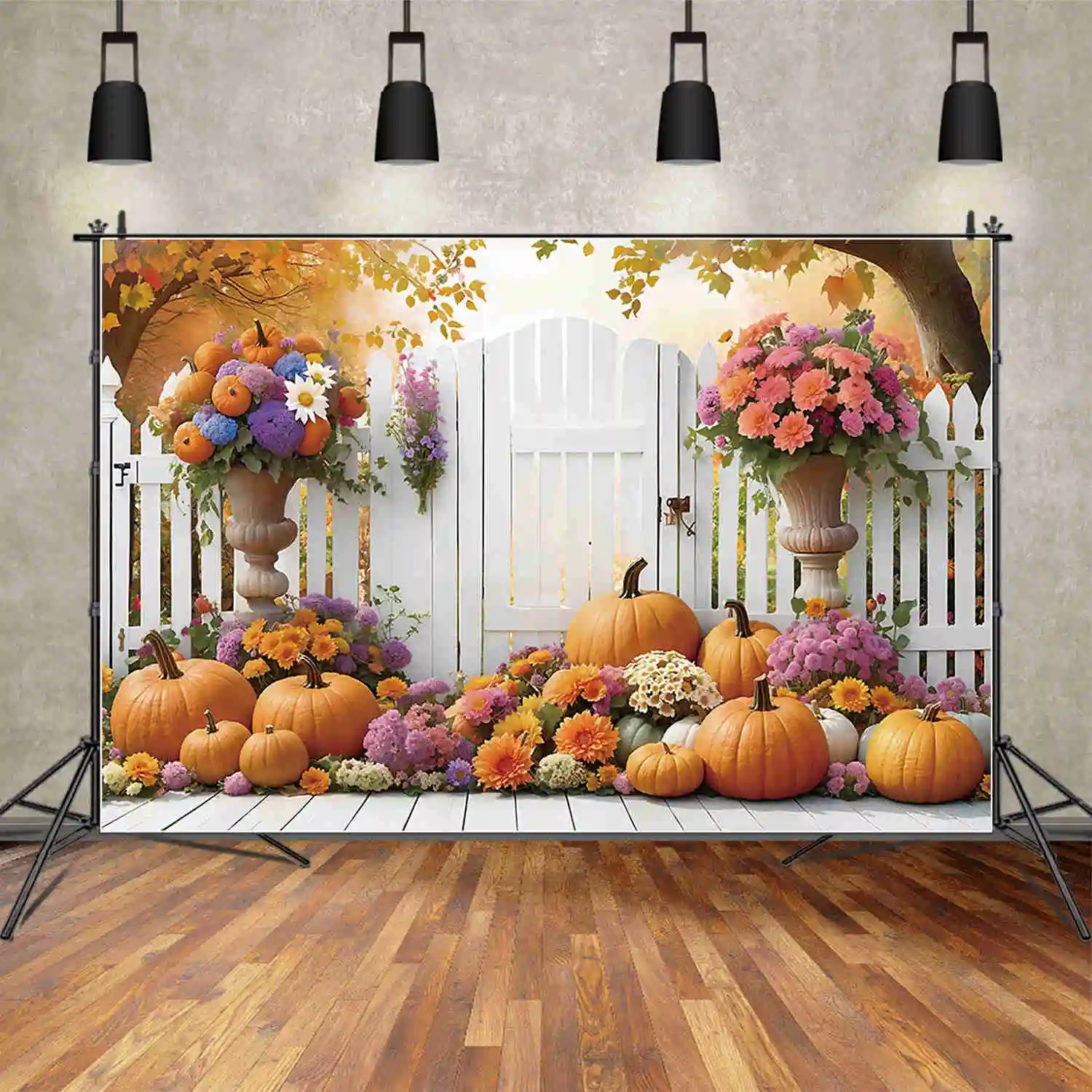 MOON.QG Autumn Photo Studio Background Thanksgiving Garden Fence Flower Backdrop Home Party Decoration Back Drop for Photography