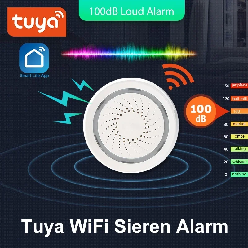 Tuya Smart WiFi Alarm Siren Sensor 100DB Sound Wireless USB powered Smart Life APP Home Security Systems Alexa Google