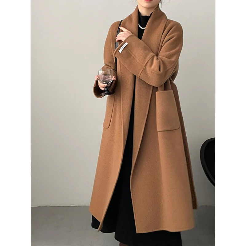 Heavy-duty high-quality camel fleece lace-up double-sided woolen coat of the year for women