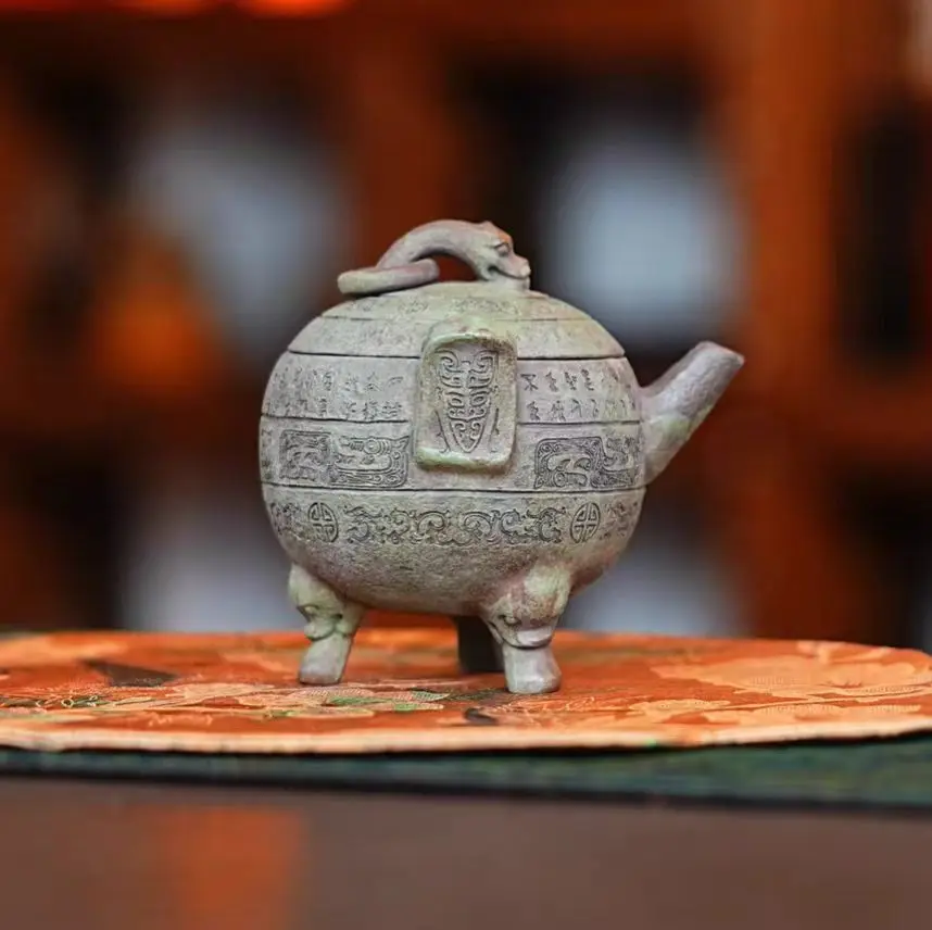 Artistic Yixing Zisha Hand‑grip Teapot, Hand‑painted Tripod Ding Bronze Vessel Inspired Design, 220ml Household Kung Fu Tea Brew