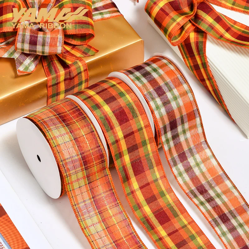 YAMA 10Yards/Roll 63mm Wired Edge Ribbons for DIY Christmas Tree Christmas Voucher Bows Decoration Liene Plaid Wired Edge Ribbon