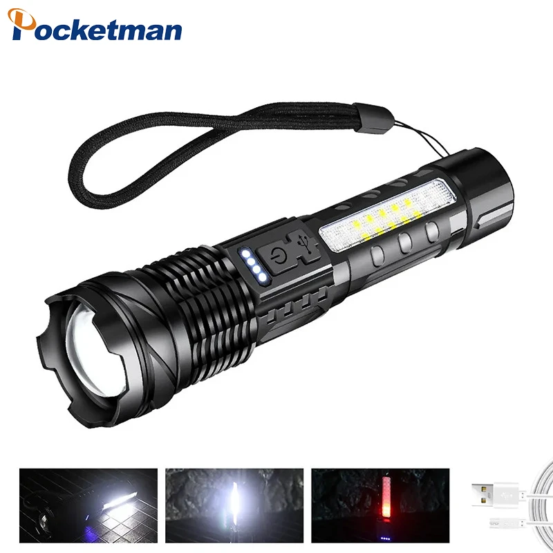 

USB Rechargeable COB Zoom Flashlights Power Display Lamp Outdoor Emergency Torch Waterproof Camping Fishing Warning Lantern