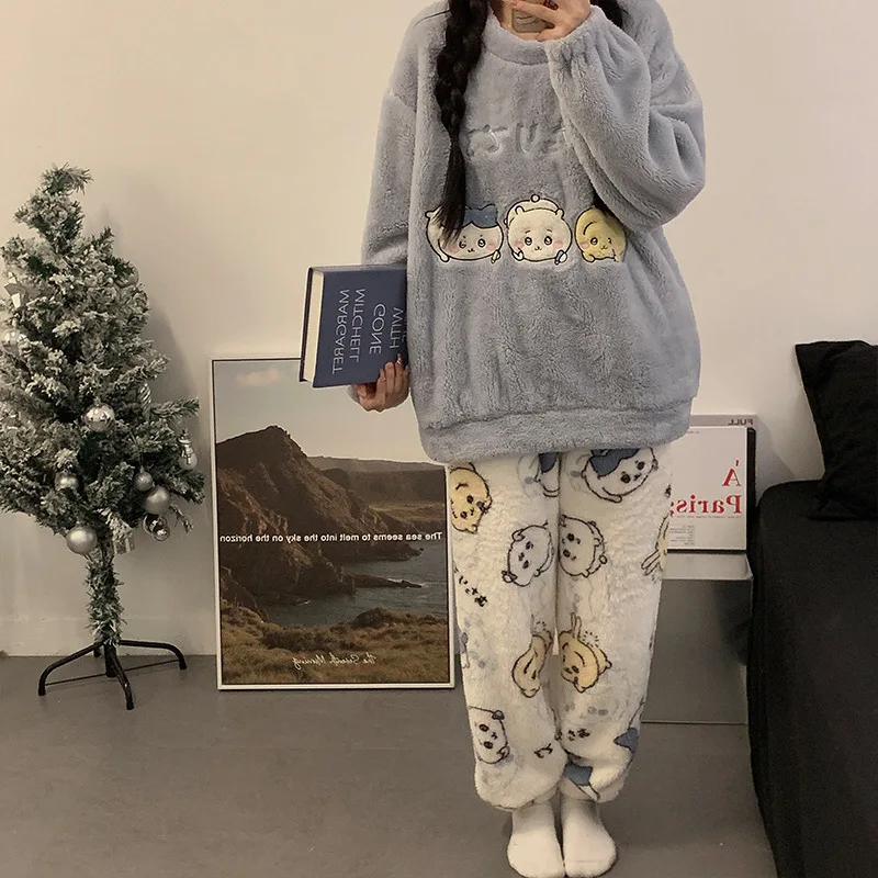 Kawaii Doraemon Autumn and Winter Warm Coral Velvet Pajamas Cute Cartoon Thickened Velvet Home Clothes Set Holiday Gifts