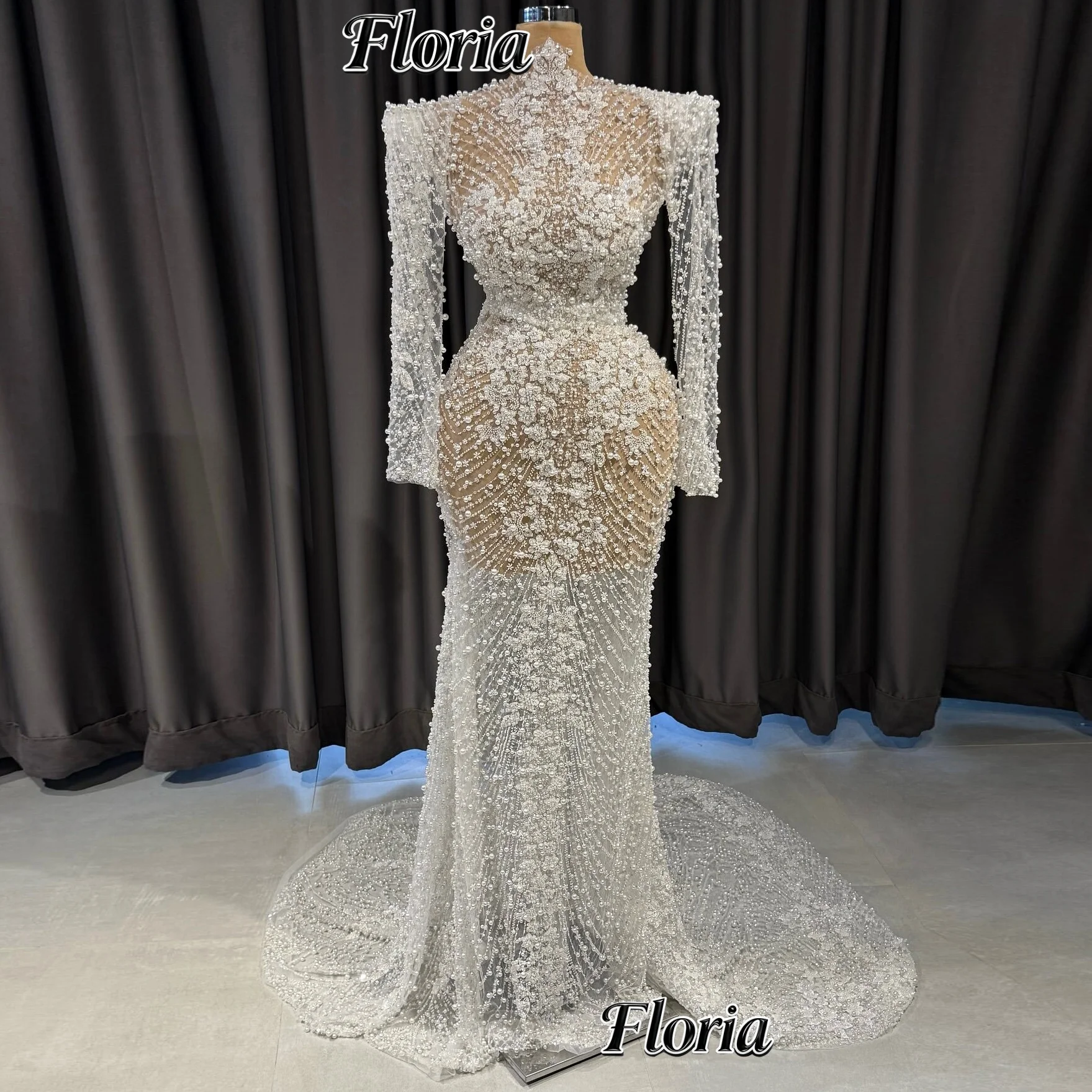 

Couture Illusion Pearls Evening Gowns With Long Train Dubai Customized Long Sleeve Mermaid Celebrity Prom Dresses for Black Girl