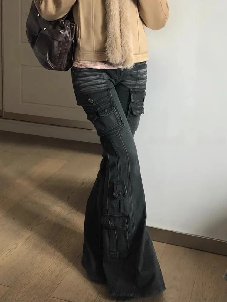 Amerikanische Retro Arbeitshose Frauen Niedrige Taille Glocke Bot Lange Hosen Sommer Y2K Sexy Mädchen Abnehmen Micro Ausgestelltes Bodenlangen j...