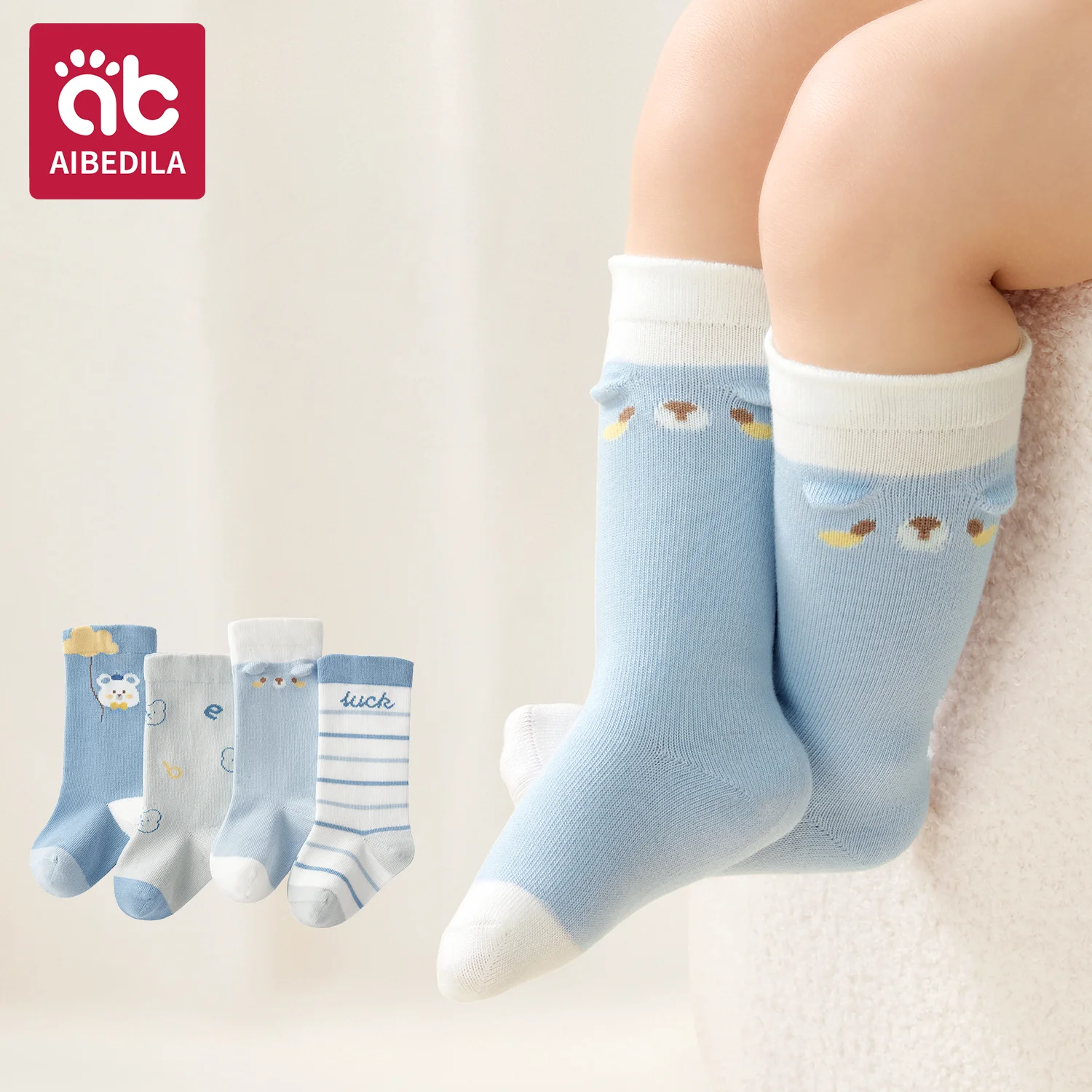 

AIBEDILA 4 Pairs Baby Toddler Socks Soft Cartoon Cotton Socks Warm Newborn Girl Boy Socks 0-3Y Infants Winter Knee-high Socks