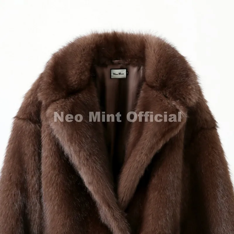 Neo Mint Winter 2026 New Stylish Mocha Brown Belted Wrap Fur Coat Women Street Fashion Girls Fluffy Faux Fox Fur Jacket Overcoat