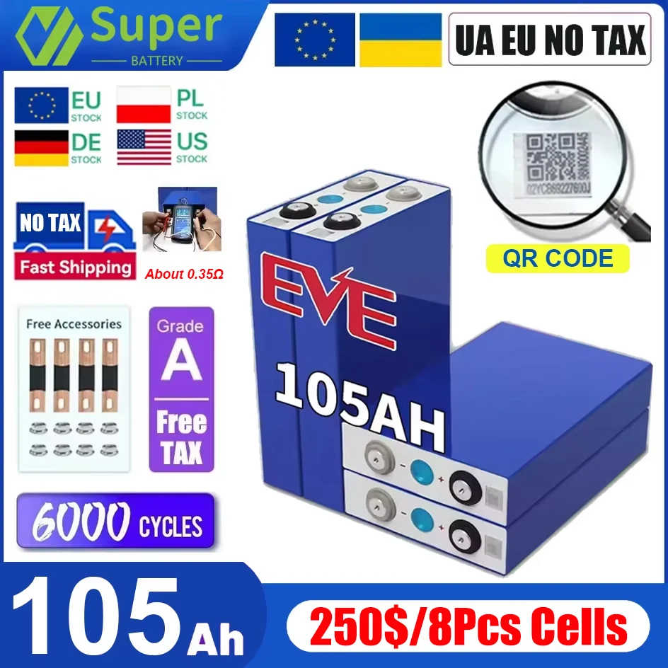 Células de bateria lifepo4, 3.2v, 105ah, 8 peças, 0.35Ω, código qr com barras de ônibus gratuitas para casa, faça você mesmo, 12v, 24v, 48v, bateria de lítio pl ua, estoque