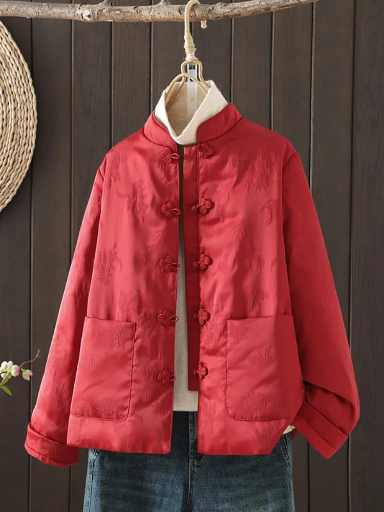 

New Year Red Visit Clothes Women's Thiened Cotton Jaet Satin Surface Stand Collar Winter High-End Feel Floral Embroidery