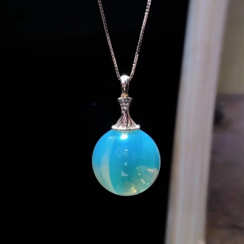 

18mm Mexican Blue Amber Inlaid 18K Rose Gold Pendant Autumn Winter Sweater Chain