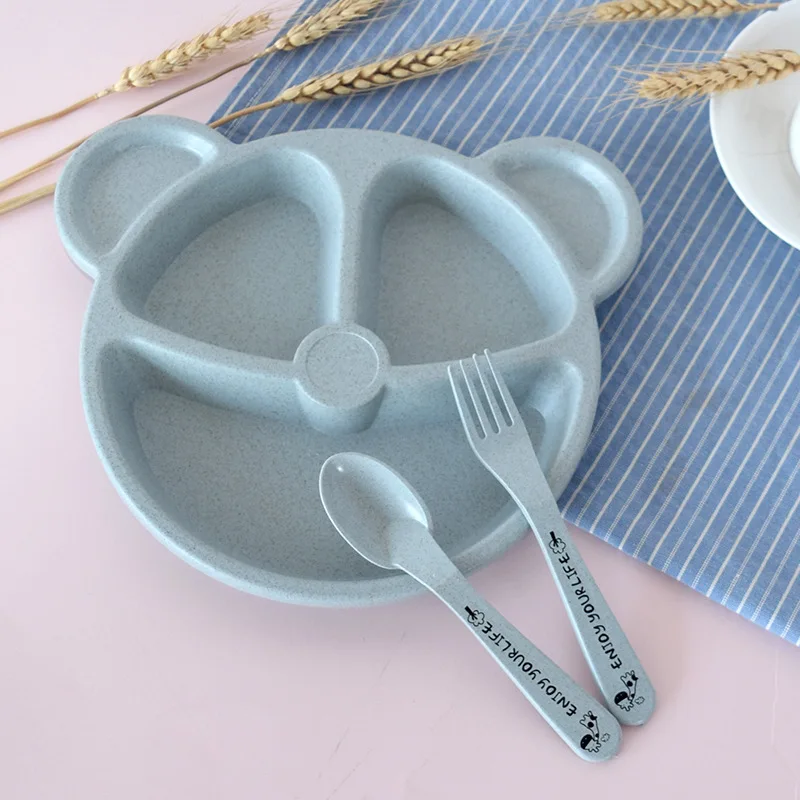 3-Piece Cute Divided Dining Plate for Children\'s Bowls Solid Color Fork Spoon Sucking Tableware Set with Wheat Material