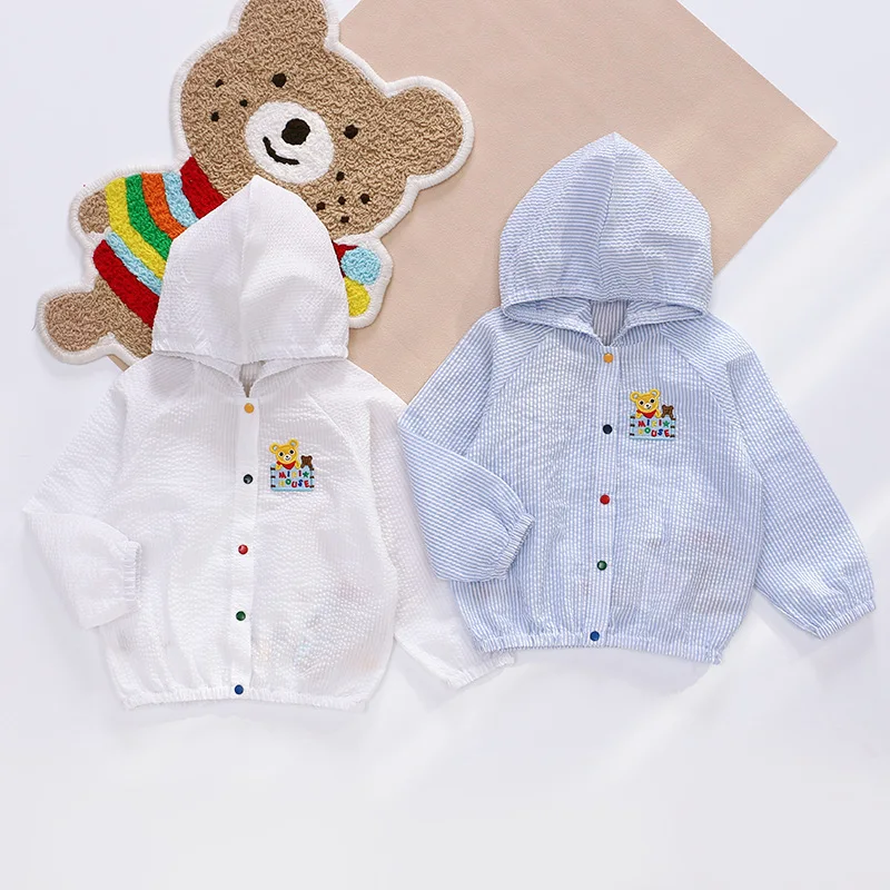 Boys Sunscreen Jackets Cartoon Bear Embroidered Hooded Jacket Cardigan Sun Protection Suit Kids Air-conditioned  Clothes