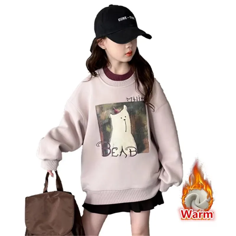 

Korean Children Warm Sweatshirt With a Bear Print for Girls Winter Thermal T-shirt Tops Loose Insulated Clothes for Teens Kids