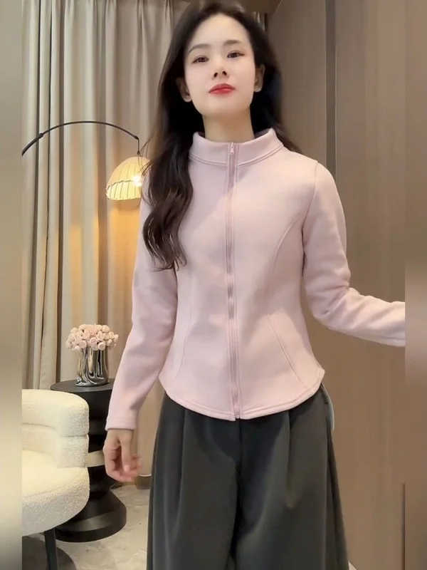 

Pink Double-Faced Velvet Hoodie Jacket Women's Spring New Style Kimono Sleeve Waist-Cinching Cardigan Commute Fashion