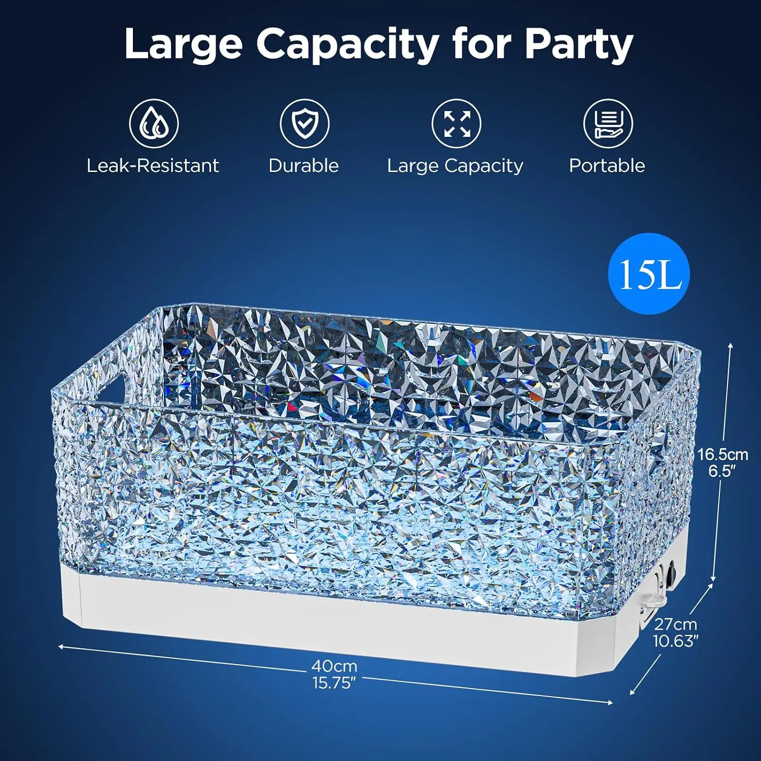 15L Plastic Ice Bucket for Parties Clear Beverage Tub for Champagne Beer Wine Cocktails Bar Leakproof Rectangular
