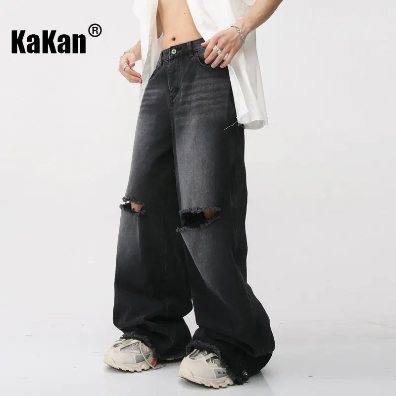 Kakan - New Korean Version of Loose and Torn Denim Jeans for Men, Youthful and Trendy Casual Blue Long Black Jeans K50-228