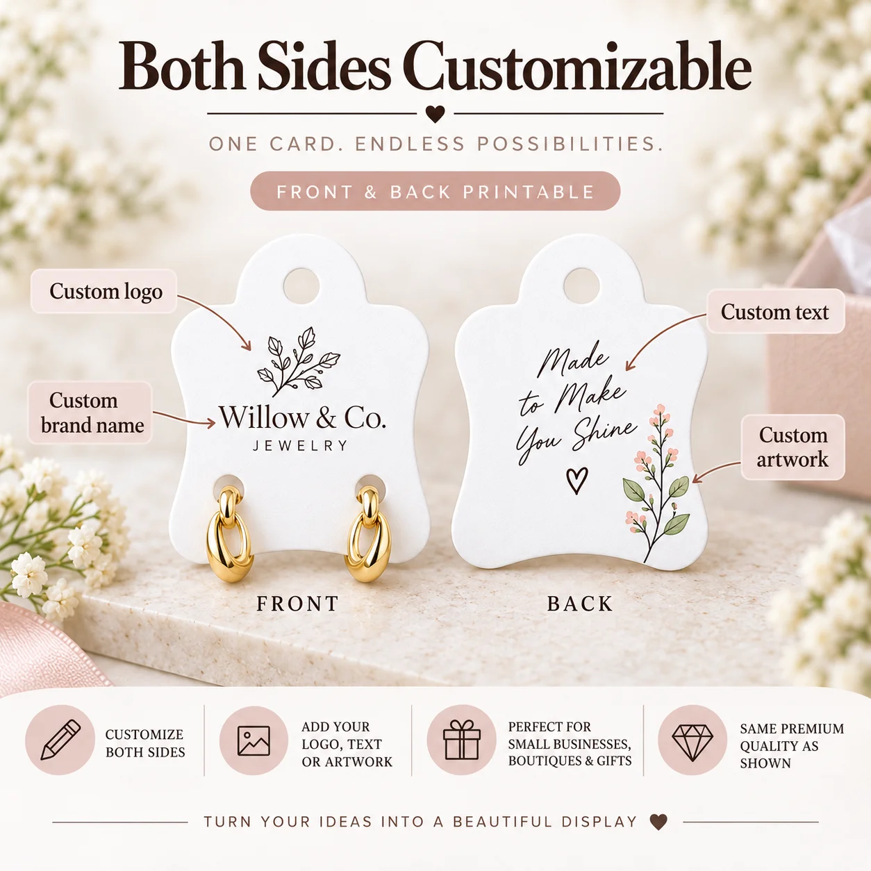 Custom Logo Card Jewelry Display Card White Card Paper Earring Holder Card for Stud Hook Small Hoop Earrings Custom Illustrated