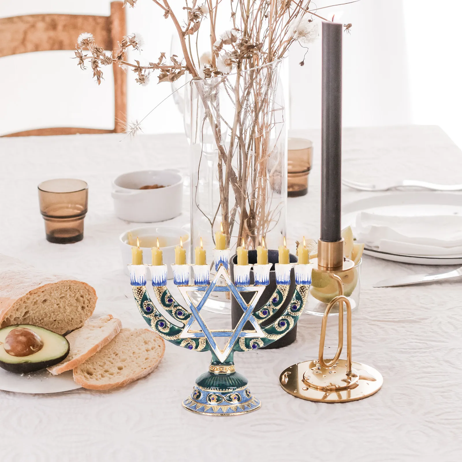 Hanukkah 9 Branch Candlestick Holder Jewish Retro Metal Stand Decorative Holder for Room Dining Cafe