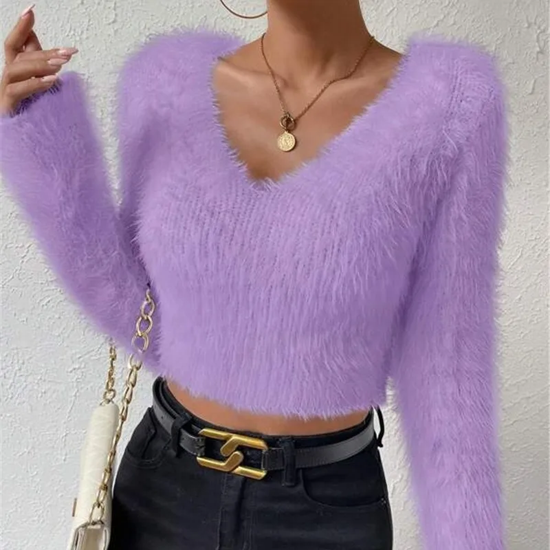 Autumn Winter V Neck Women's Sexy Long Sleeve Slim Sweater Korean Style Solid Color Cropped Top Casual Knitted Pullover