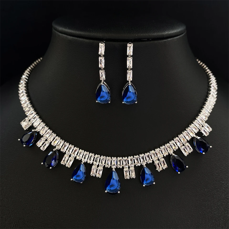 ZAKOL Funkelndes AAA-Kubikzirkonia-Set mit großen Wassertropfen-Ohrringen und Halskette, luxuriöser Brautschmuck für Hochzeiten und Partys – Detail 2