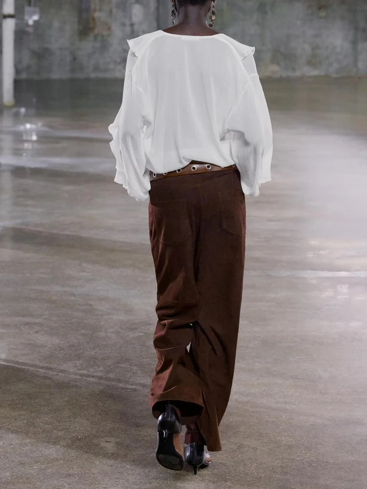 유럽과 미국 스타일의 여름 신제품 여성 의류 레이어드 장식 드레이프 브이넥 긴팔 셔츠